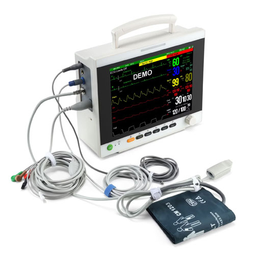 Portable patient monitor displaying vital signs including ECG, heart rate, blood pressure, and oxygen saturation – essential ICU medical equipment