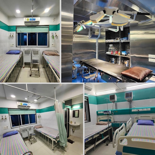 A clean, modern hospital ward featuring two beds, an operating room, and medical equipment in a well-lit environment.